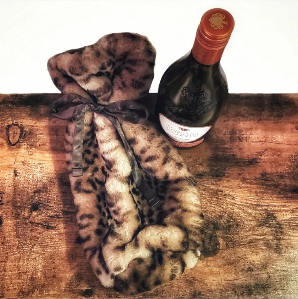 Wine Tote Bag Faux Fur Leopard Print With Bow